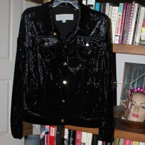 Andrew Marc NY Black Crushed Velvet Jean Jacket Gold Branded Buttons L